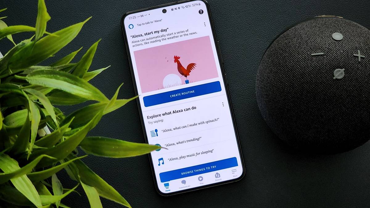 An image with the Amazon Alexa app open on a Galaxy S22 phone that's kept next to an Amazon Echo dot speaker and a green plant