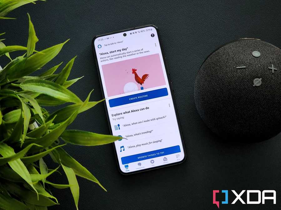 An image with the Amazon Alexa app open on a Galaxy S22 phone that's kept next to an Amazon Echo dot speaker and a green plant