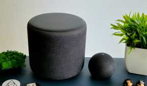 Amazon Echo Sub next to an Echo Dot (4th) on a leather mat next to a potted plant