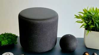 Amazon Echo Sub next to an Echo Dot (4th) on a leather mat next to a potted plant