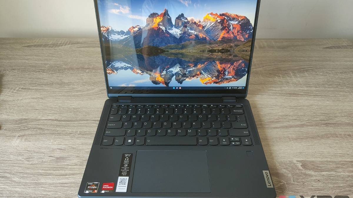 Front view of the Lenovo Yoga 6 Gen 7 showing both the keyboard deck and display with the desktop background