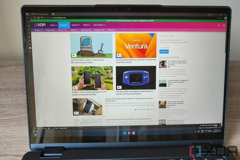 Front view of the display on the Lenovo Yoga 6 Gen 7 displaying the XDA-Developers homepage