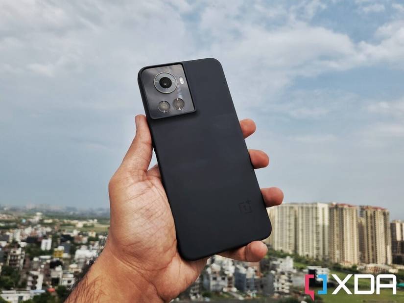 OnePlus 10R wearing the black-colored case that comes bundled with the phone