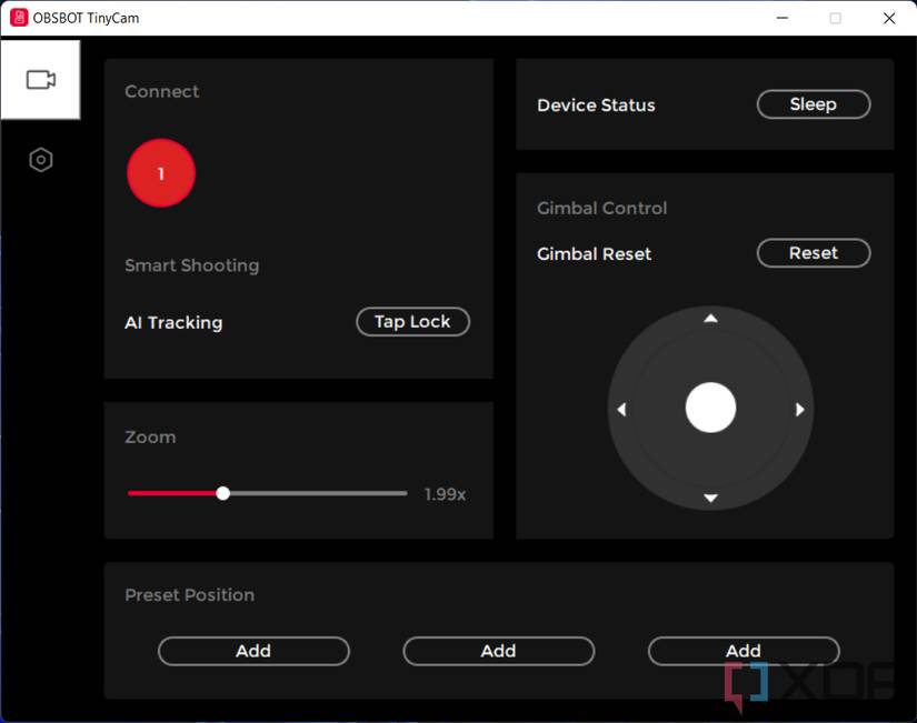 Screenshot of Obsbot TinyCam software