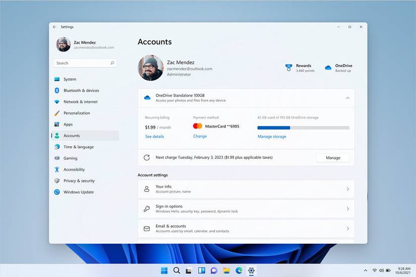 OneDrive subscription management in Windows 11 Settings