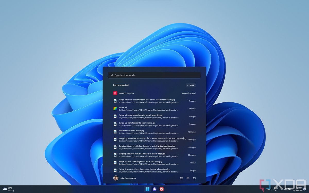 Recommended list in Windows 11 Start menu