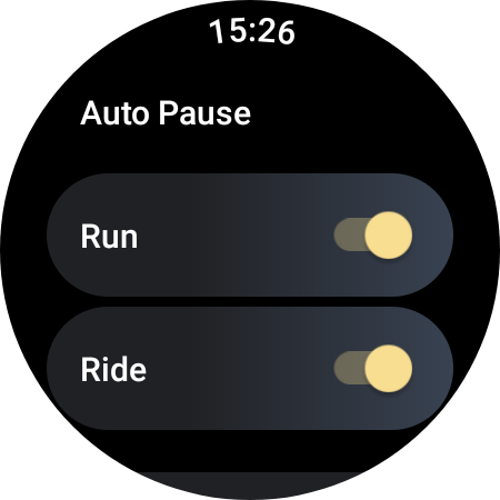 Auto pause toggles for Run and Ride in Strava Wear OS app
