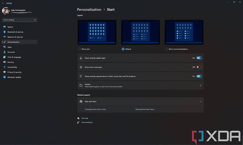 Start menu personalization settings in Windows 11 version 22H2