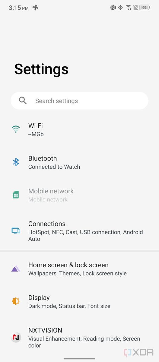 Screenshot of the settings menu on the TCL Stylus 5G.