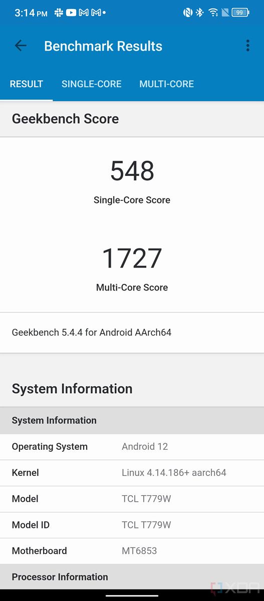 Geekbench scores on the TCL Stylus 5G.