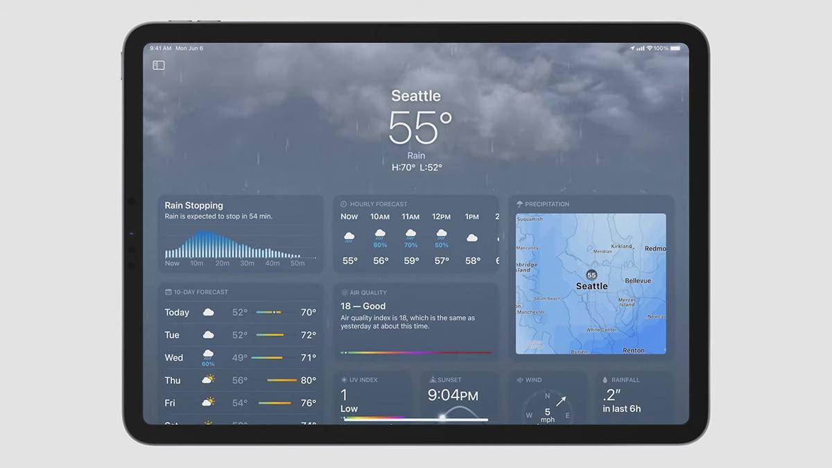 Weather app on iPad running iPad OS 16 on gray background