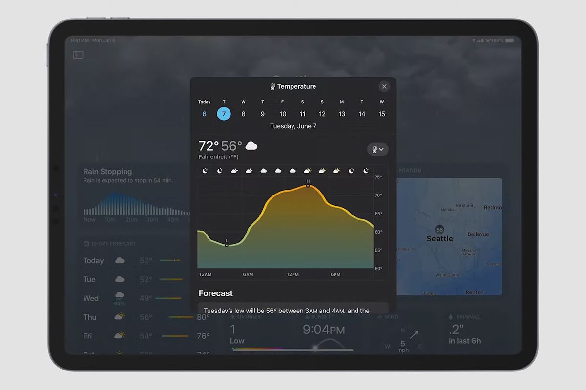 Weather app on an iPad running iPad OS 16 on gray background