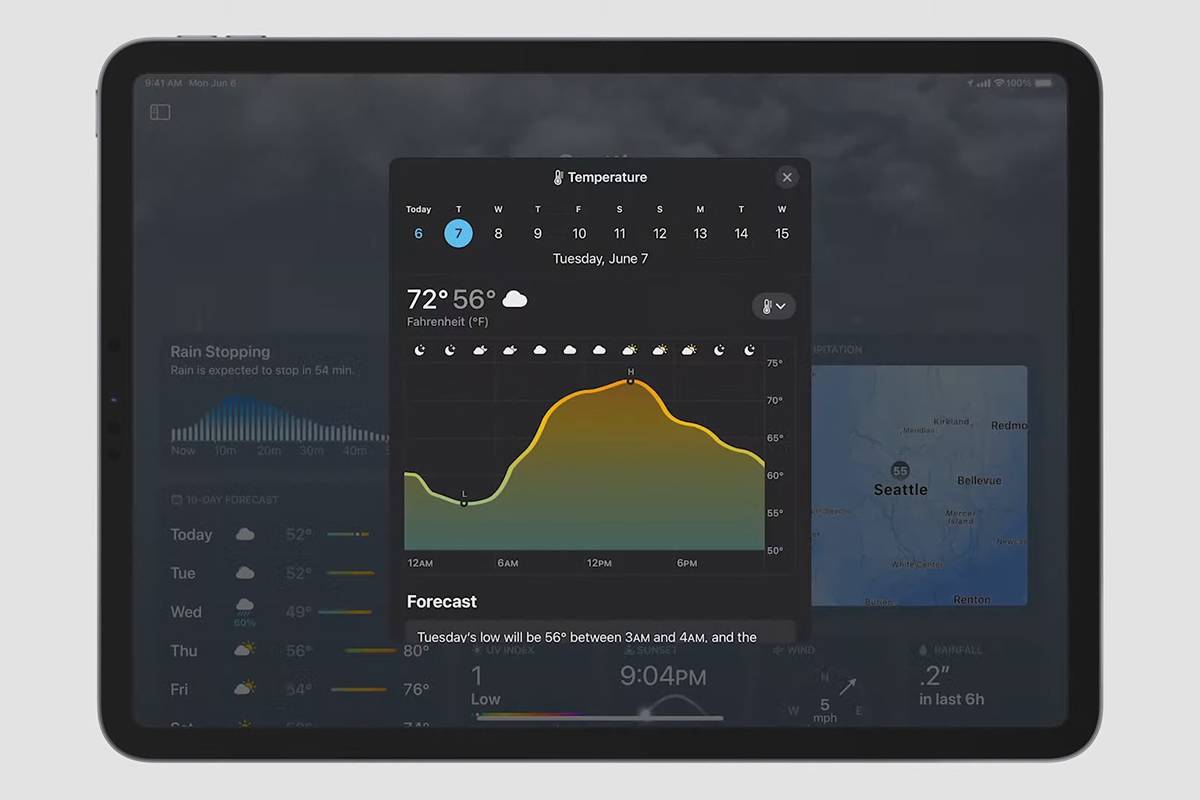 Weather app on an iPad running iPad OS 16 on gray background