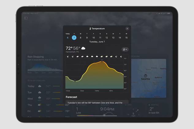 Weather app on an iPad running iPad OS 16 on gray background