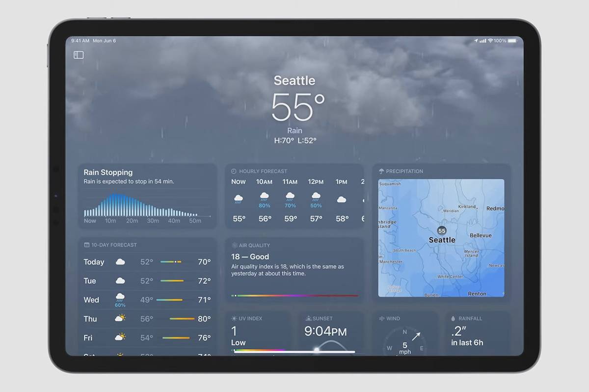 Weather app on an iPad running iPad OS 16 on gray background
