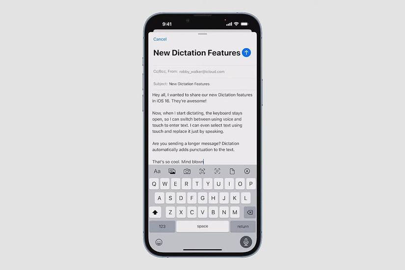 Screenshot of new Dictation features in iOS 16