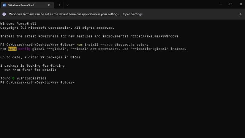 Windows powershell with discord.js code for bot