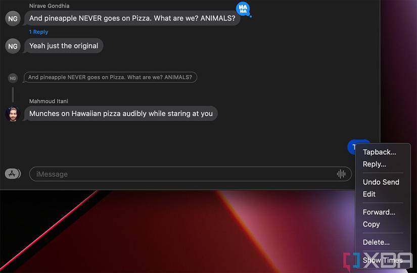 iMessage showing pop-up to edit or unsend a message