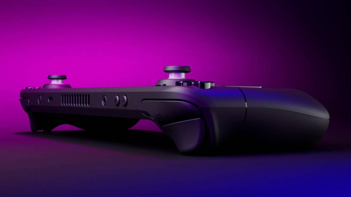 Steam Deck on a purple and pink background