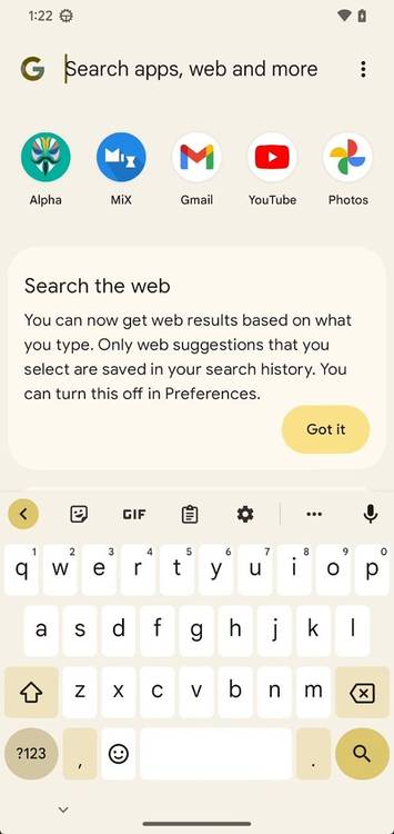 Pixel Launcher search bar showing web results