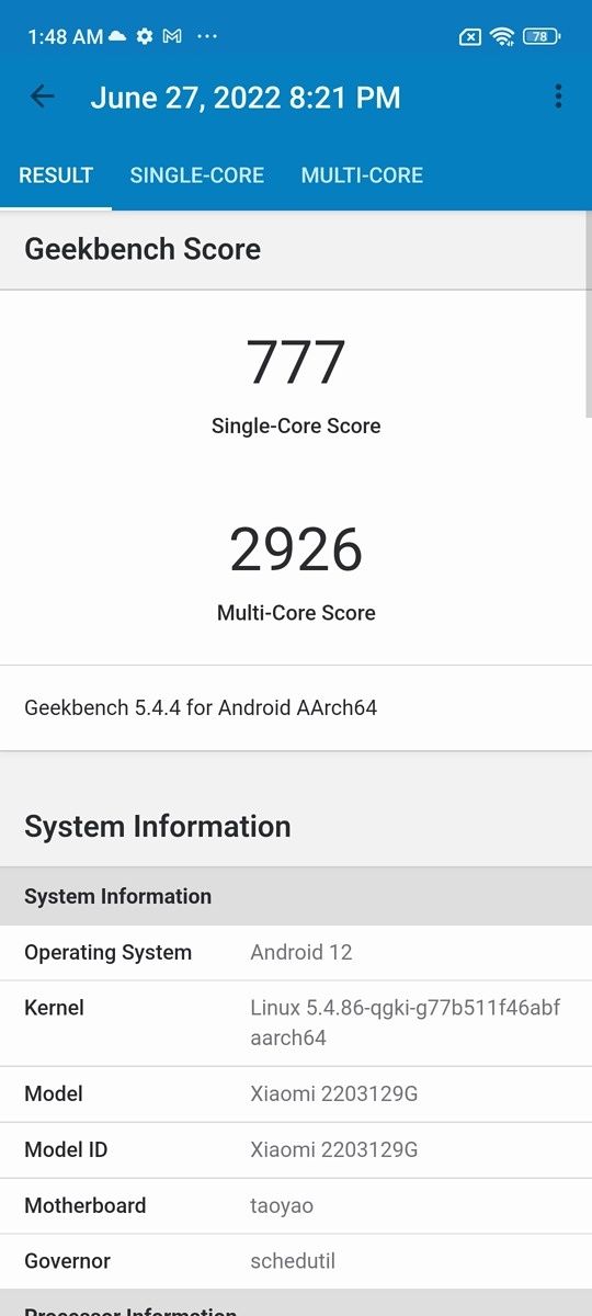 Xiaomi 12 Lite GeekBench score