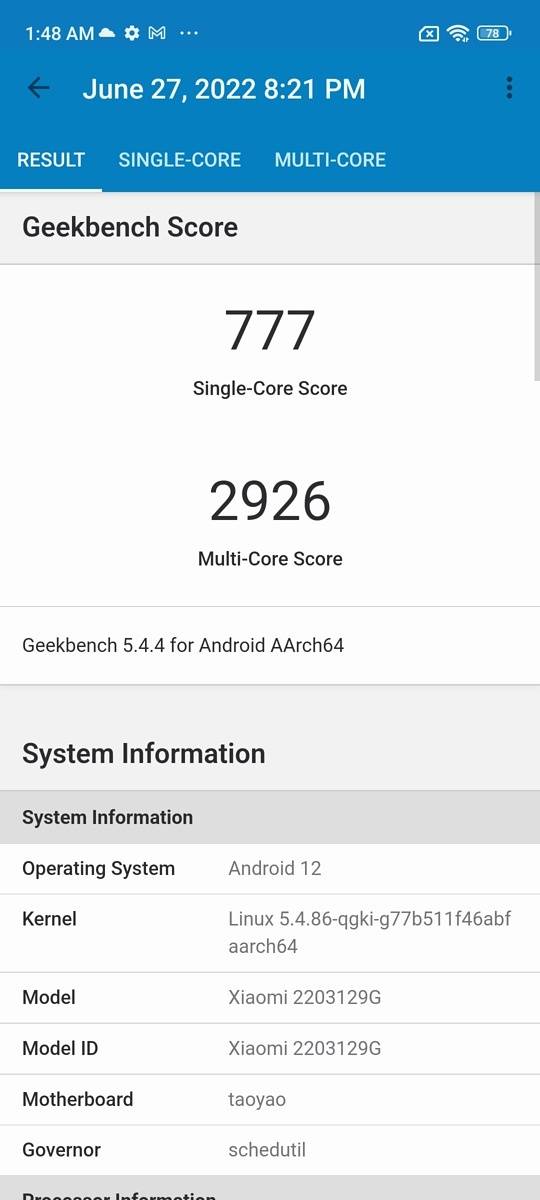 Xiaomi 12 Lite GeekBench score