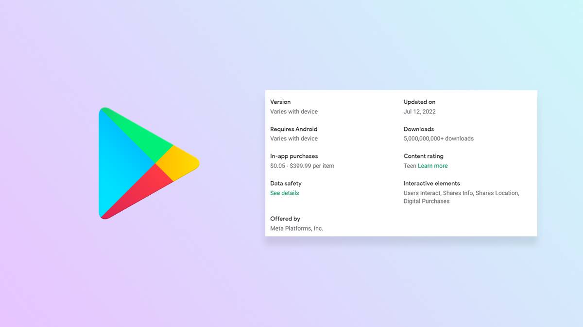 Google Play Store logo next to updated Facebook Play Store listing without Permissions list on gradient background.
