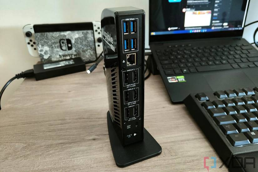 Angled view of the back of the Plugable USB-C Triple 4K Display Docking Station showing all the rear ports