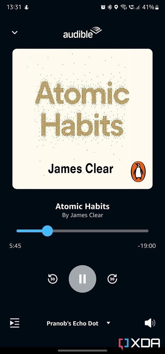 Screenshot of Amazon Alexa app Audible playback controls.