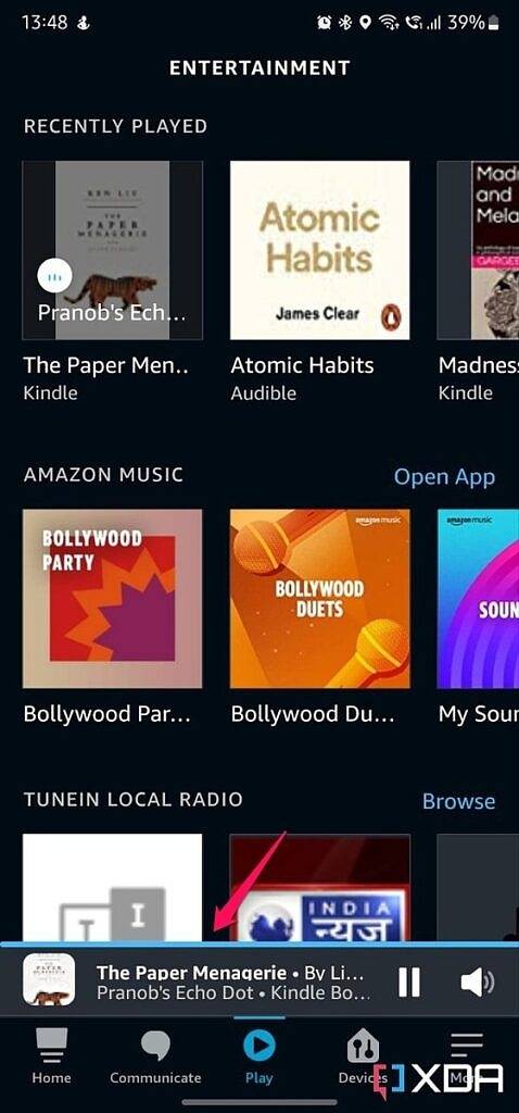 Screenshot of Amazon Alexa app Play tab with arrow pointing at progress bar.