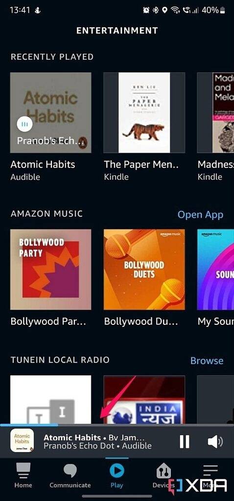 Screenshot of Amazon Alexa app Play tab with arrow pointing at progress bar.