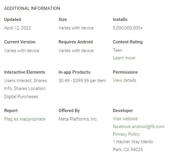Screenshot of Facebook play store listing additional information section.