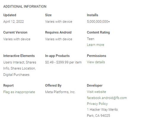 Screenshot of Facebook play store listing additional information section.