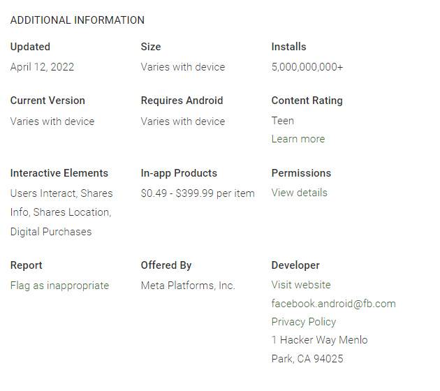 Screenshot of Facebook play store listing additional information section.