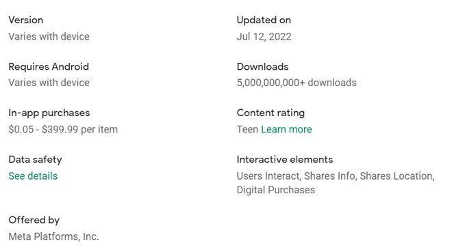 Screenshot of Facebook updated Play Store listing without Permissions list.