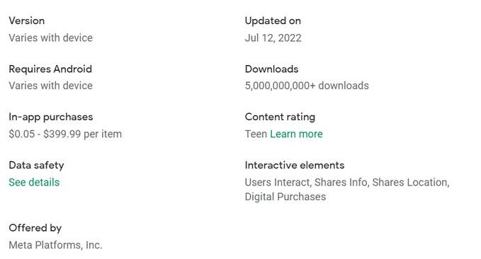 Screenshot of Facebook updated Play Store listing without Permissions list.