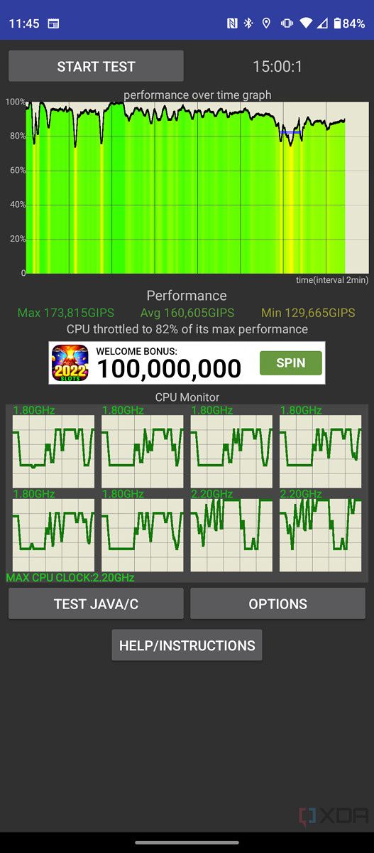 Screenshot of the CPU throttling test.