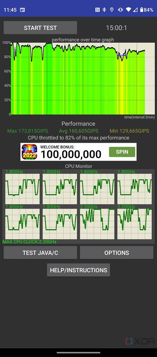 Screenshot of the CPU throttling test.