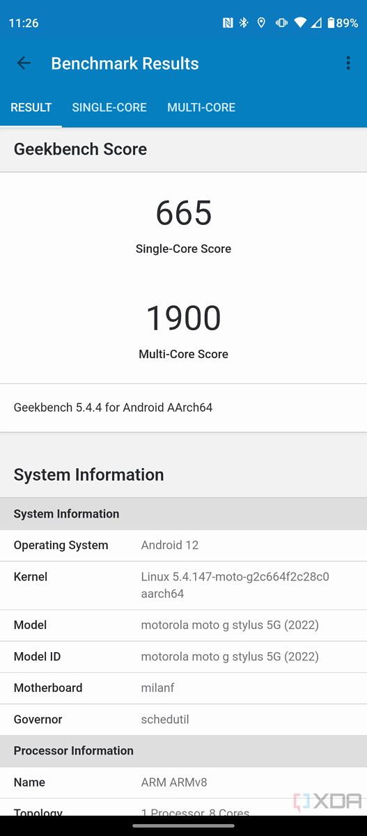 Screenshot of the Geekbench result scores.