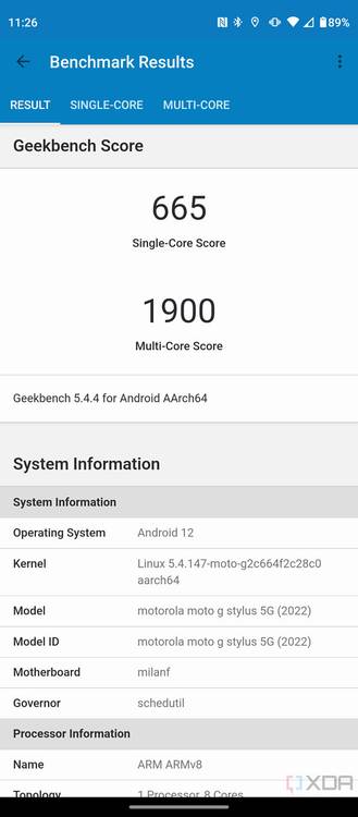 Screenshot of the Geekbench result scores.