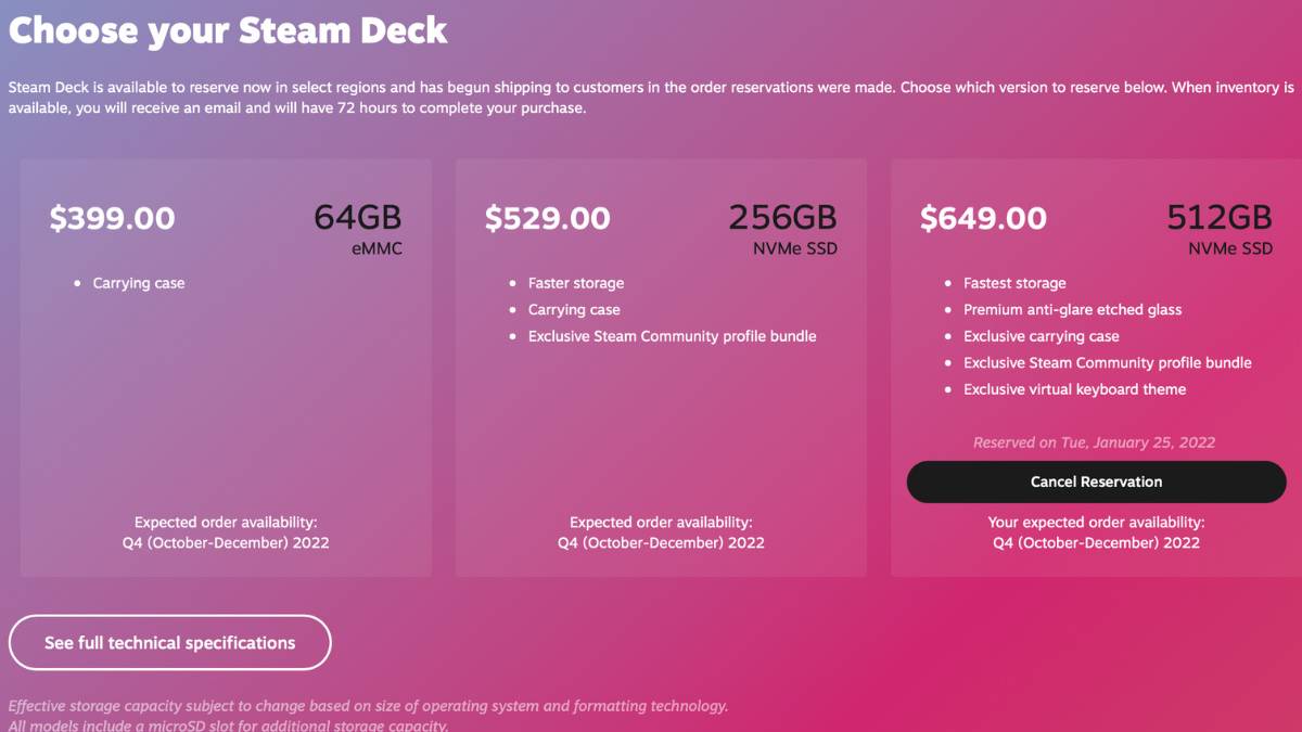 Steam Deck Reservation page showing a Q4 delivery date