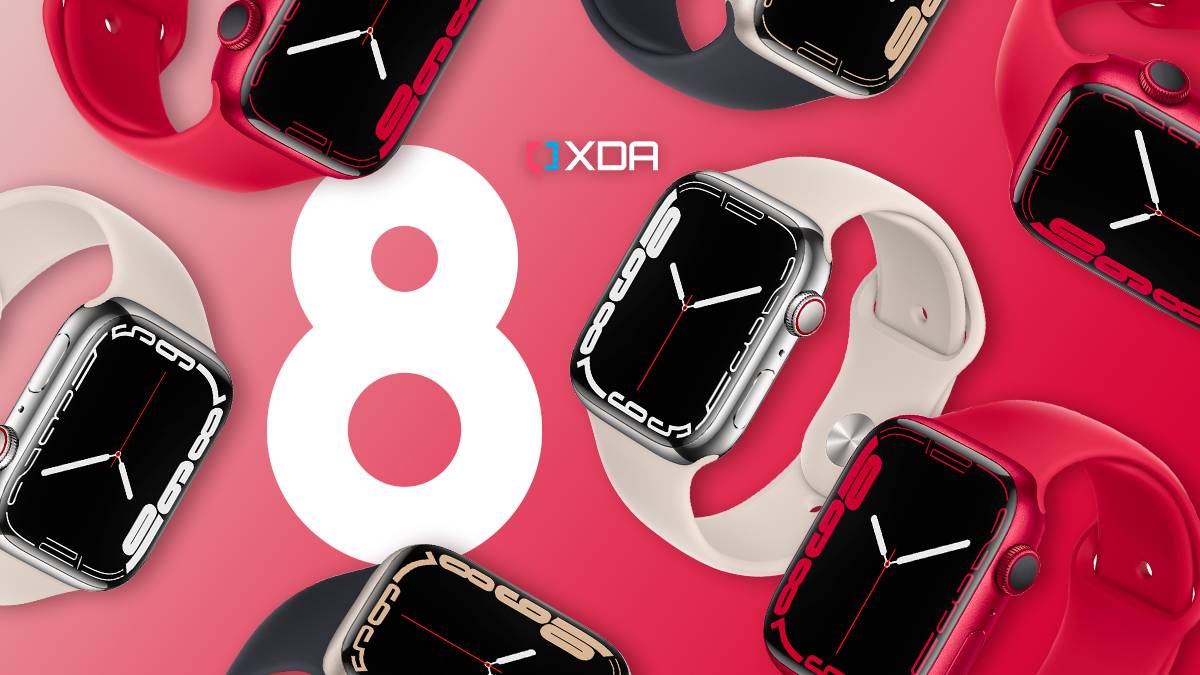 Graphic depicting Apple Watches, with a letter 8 in the background