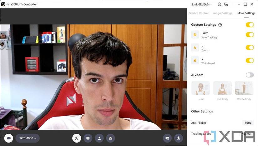 Screenshot of the Insta360 Link COntroller software showing various AI-related controls