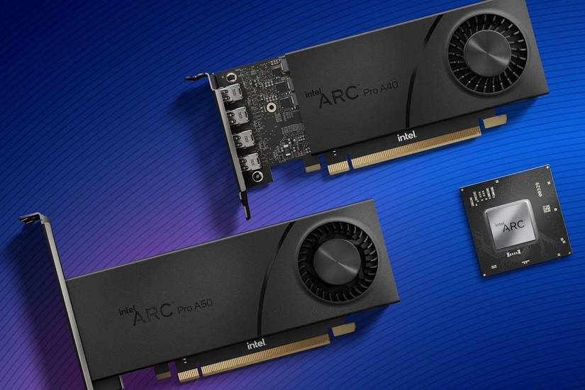 Render images of two Intel Arc Pro desktop GPUs and one laptop GPU over a gradient background