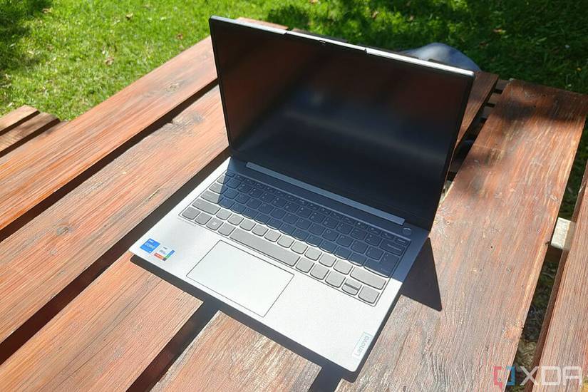 Angled front view of the Lenovo ThinkBook 13s Gen 4 with the lid open at 90 degrees
