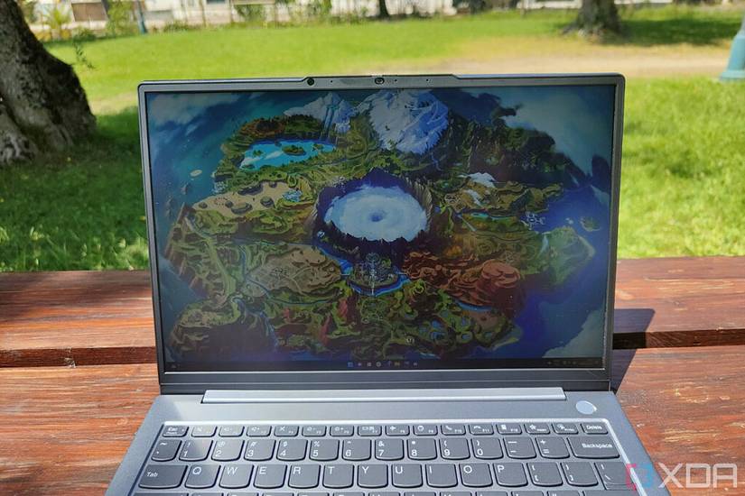 Close-up view of the display on the Lenovo ThinkBook 13s showing a colorful desktop background