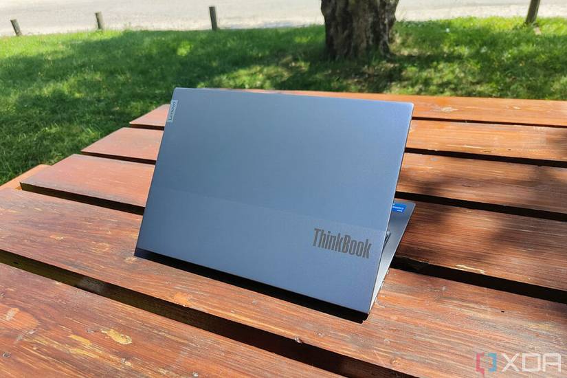Rear angled view of the Lenovo ThinkBook 13s with the lid open at 45 degrees