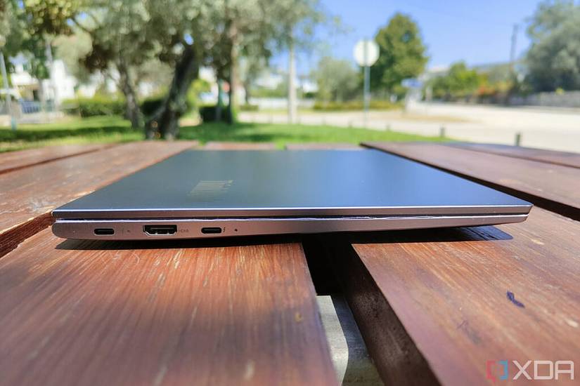 Left-side view of the Lenovo ThinkBook 13s with the lid closed, showing two USB Type-C ports and HDMI