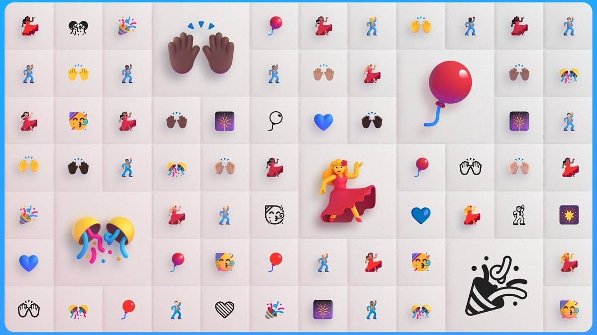 Various emoji in Microsoft's Fluent design style, some represented in larger sizes than others