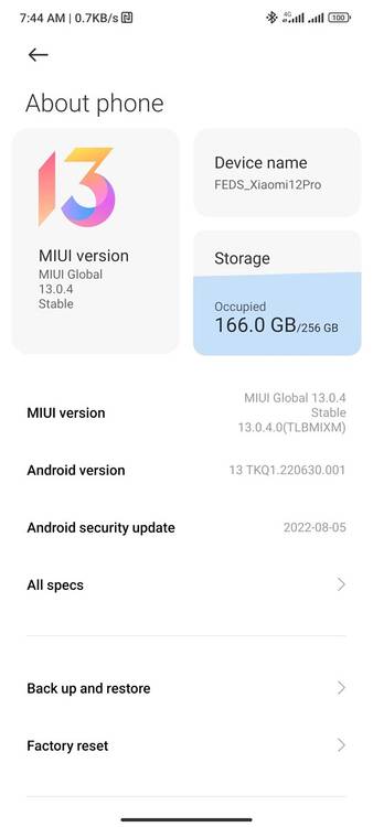 Screenshot of About phone section on a Xiaomi 12 Pro with Android 13 installed.